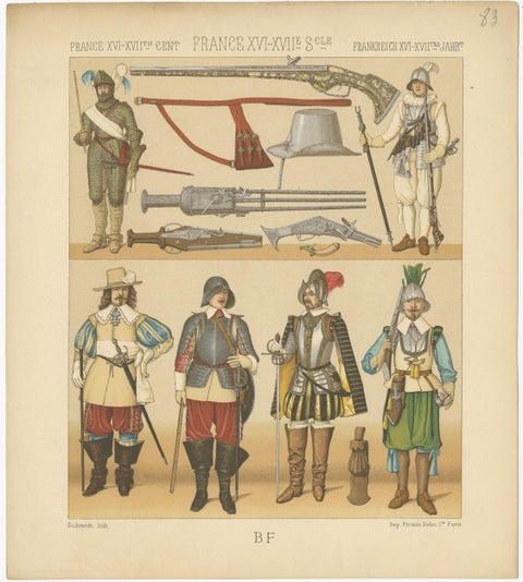 Pl. 83 Antique Print of French 16th Century Battle Costumes by Racinet, view 3