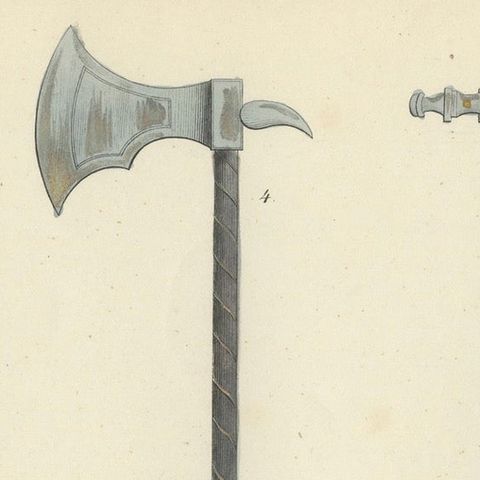 19th-Century Hand-Coloured Lithograph of Swords, Axes, and War Hammers, close-up 3