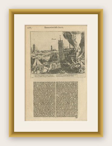 Antique Print of the Battle of Boksum or Boxum, Between the Frisians the Spanish, shown framed