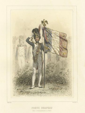 Napoleonic Foot Grenadiers, Chasseur, Grenadier, and Flag Bearer, 1859, close-up 2