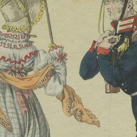 Two Hundred Year Old Engraving of a Prussian Soldier and a Lady, 1815, close-up 1