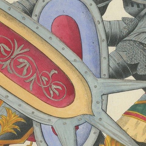 19th-Century Hand-Coloured Lithograph of Armoured Duel with Spiked Shields, close-up 4