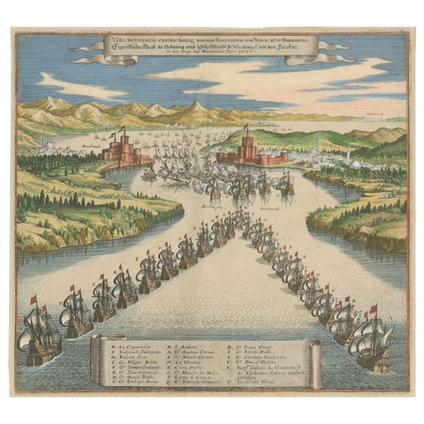 Venetian Fleet vs. Ottoman Turks, Dardanelles Naval Battle Engraving, 1656