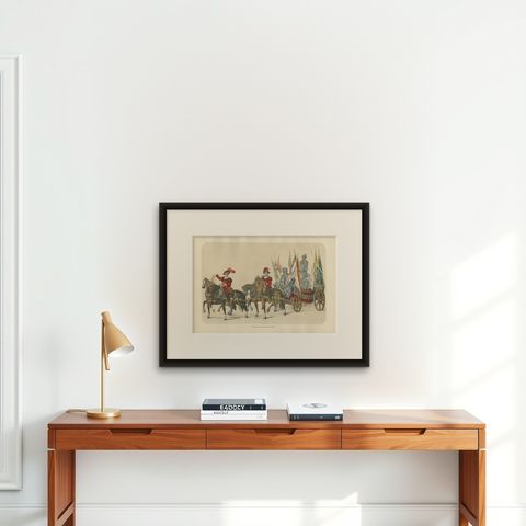 A Triumphal Procession, Captured Banners and Armor of Swiss Victories, 1855, shown framed on a wall