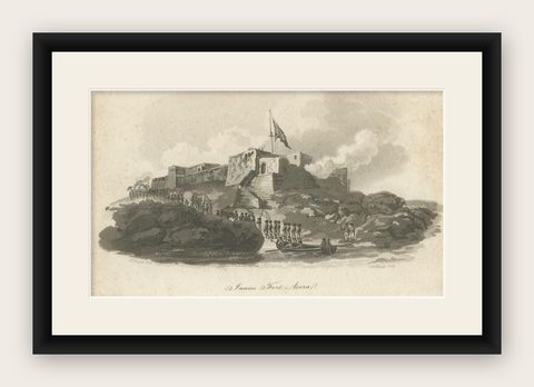 Antique Print of Fort James in Ghana, 1799, shown framed