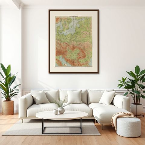Antique European War Folding Map, ‘circa 1915’, shown framed in a room
