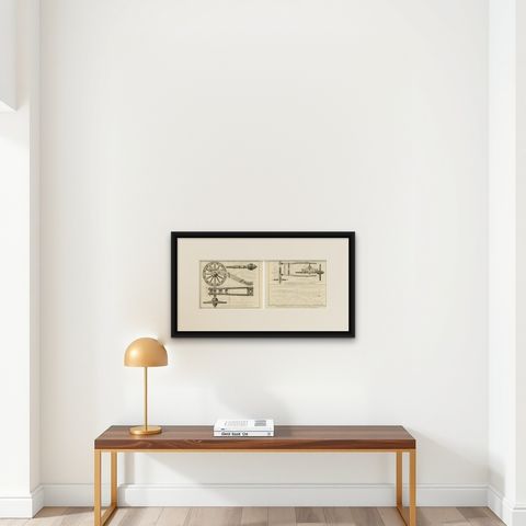 18th-Century Artillery Engraving of the Spanish Captain's Carriage and Mechanism, shown framed on a wall
