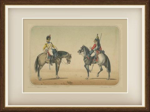 Spanish Cavalry Troopers in Bearskin Cap and Crested Helmet, Villegas, 1861, shown framed