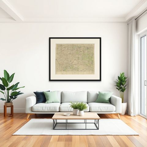 1914 WWI British War Office Map of Arras, Amiens and Reims, Edward Stanford, shown framed in a room