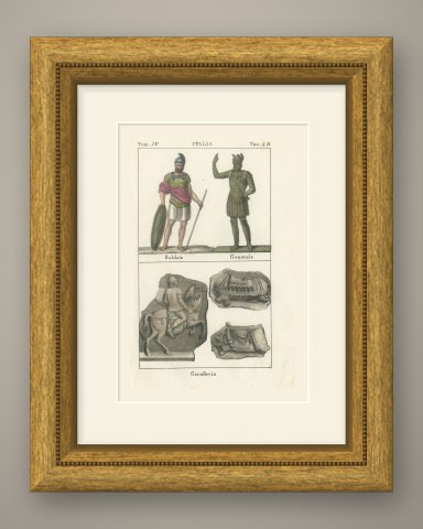 Roman Soldier, General and Cavalry Reliefs, Hand Colored Lithograph, 1842, shown framed