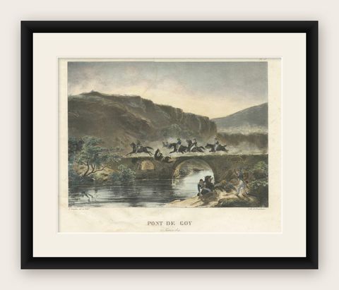 Pont de Coy: French Troops Crossing a Bridge in 1809- Napoleonic Wars Lithograph, shown framed