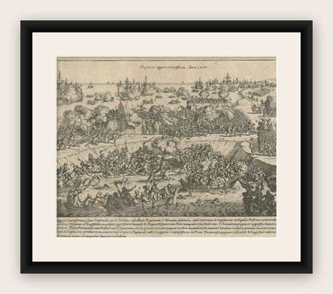 Battle of Kauwenstein Dijk, 1585: Siege of Antwerp Engraving with Latin Legend, shown framed