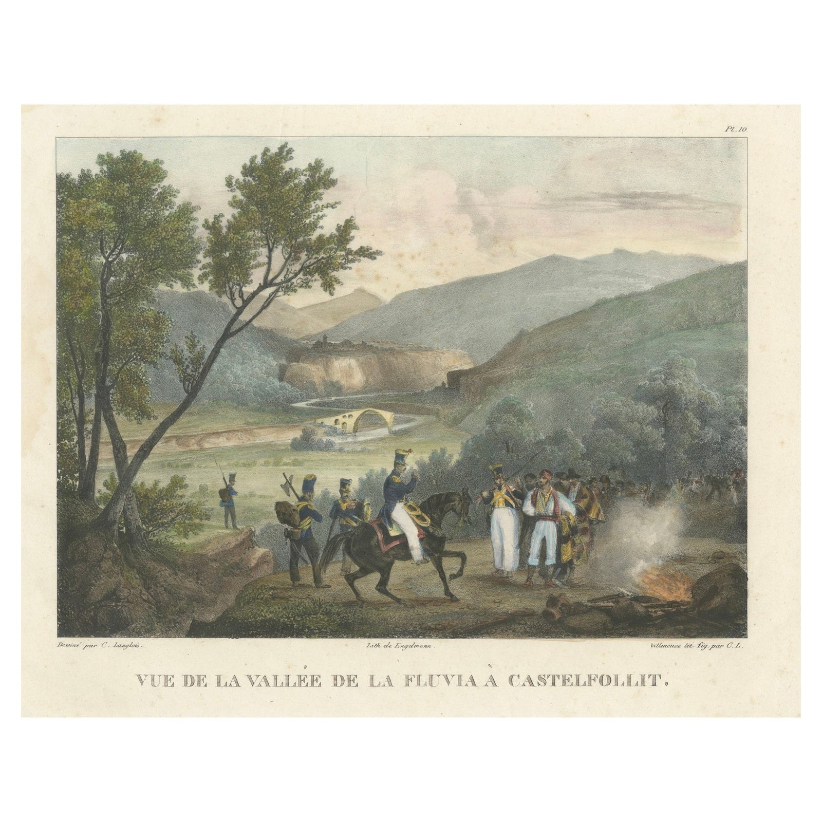 French Troops at the Fluvia Valley, Castellfollit, Napoleonic Wars Lithograph
