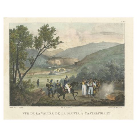 French Troops at the Fluvia Valley, Castellfollit, Napoleonic Wars Lithograph