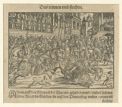 Original 16th Century Engraving of a Medieval Tournament, ca.1578, close-up 1