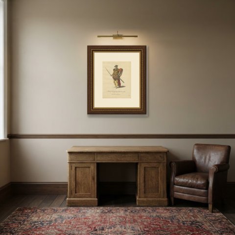 Military Habit of King Edward VI in 1552, Sword and Shield, Jefferys Plate, 1757, shown framed in a room