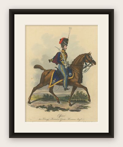 Hanoverian Guard Hussar Officer Elegance, 19th Century Military Print, shown framed