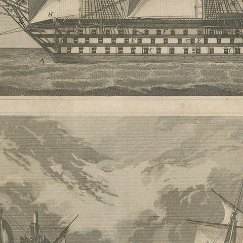 Antique Sea Battle Print Between an American and a British Ship, 1847, close-up 2