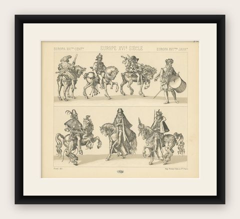 Pl 56 Antique Print of European 16th Century Battle Costumes by Racinet, shown framed
