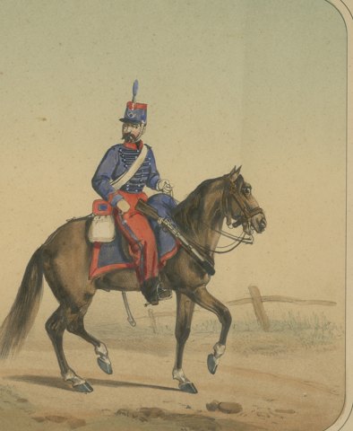 Spanish Cuirassier and Light Cavalryman, Villegas, Hand Colored Lithograph, 1861, close-up 2
