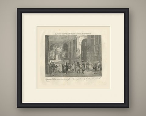 Banquet for Bonaparte and General Moreau, Antique Madou Lithograph, 1827, shown framed