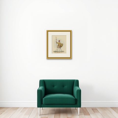 Nicely Hand-colored Antique Print of Embossed Armour, 1842, shown framed on a wall