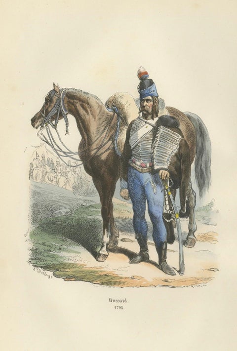French Hussar with Horse 1795, Napoleonic Era Military Uniform Print, 1843, close-up 4