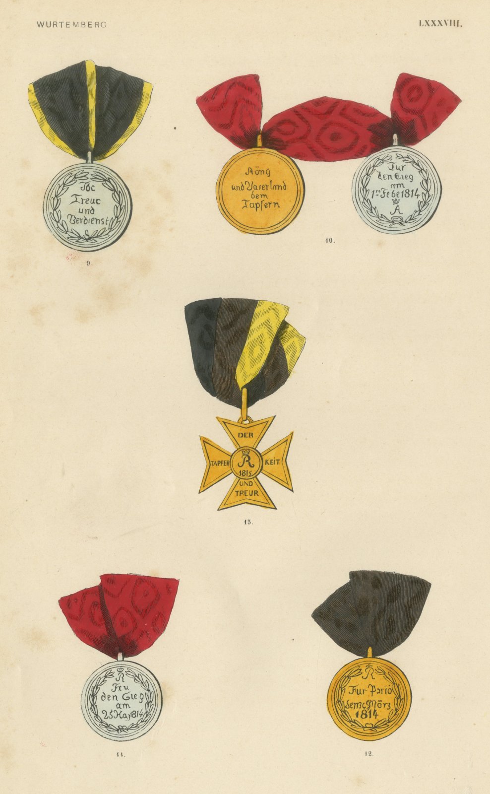 Württemberg Campaign Medals, Paris 1814, Plate LXXXVIII, Wood Engraving, 1844