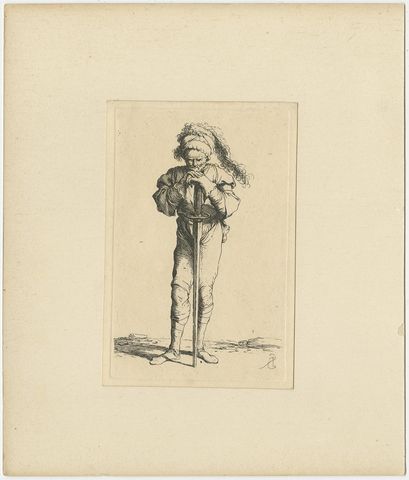 Rare Etching of a Warrior Standing and Leaning on a Long Sword, ca.1658, view 2