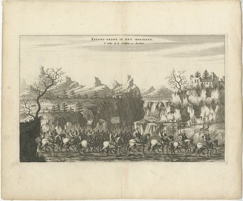 Decorative Original Antique Print Depicting the Cavalry Marching in China, 1665, view 2