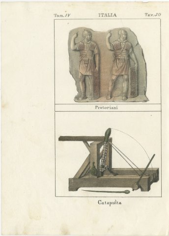 Roman Praetorians Relief and a Catapult, Italy, Hand Colored, 1842, view 2
