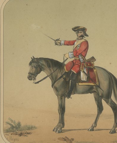 Two Spanish Cavalry Officers in Tricorn Hats, Villegas Lithograph, Madrid, 1861, close-up 1