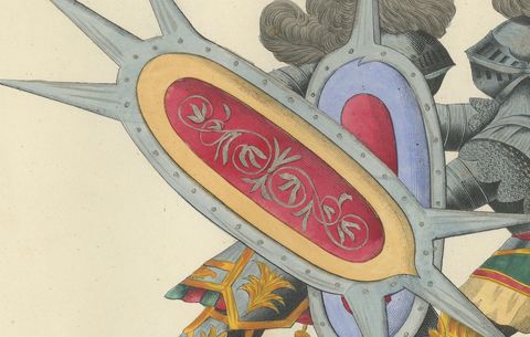 19th-Century Hand-Coloured Lithograph of Armoured Duel with Spiked Shields, close-up 1