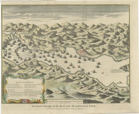 Antique Print of the Battle in 1702 of Vigo Bay or Rande, Galicia, Spain, view 2