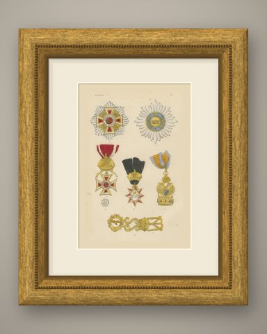 Orders of Austria, Leopold and Iron Crown, Plate IV, Wood Engraving, 1844, shown framed