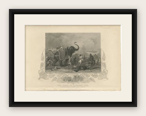 Antique India Battle Print, Siege of Mooltan 1849, Elephant War Scene, shown framed