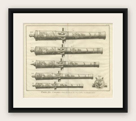18th Century Engraving of Ornate French Cannons, circa 1770, shown framed