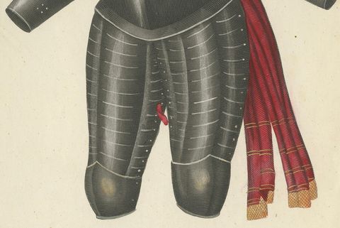 19th-Century Hand-Coloured Lithograph of Ornate Parade and Tournament Armor, close-up 1