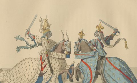 Medieval Knights in Combat, Elegant Hand-Colored Antique Print, France 1845, close-up 2