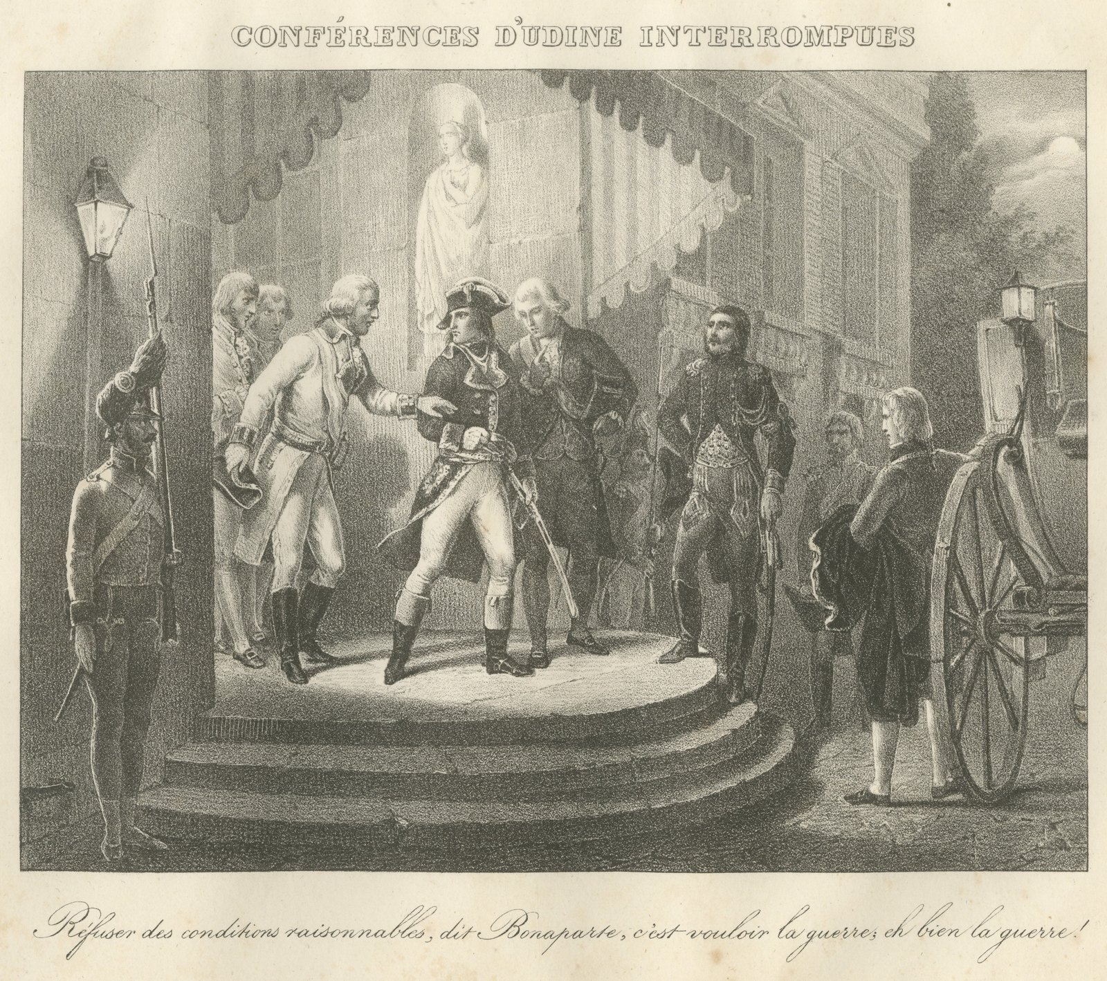 Conferences of Udine Broken Off, Then War, Antique Madou Lithograph, 1827