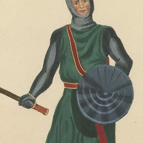 Genuine Antique Print of a Knight Armed with A Martel in Old Hand-Coloring, 1842, close-up 1