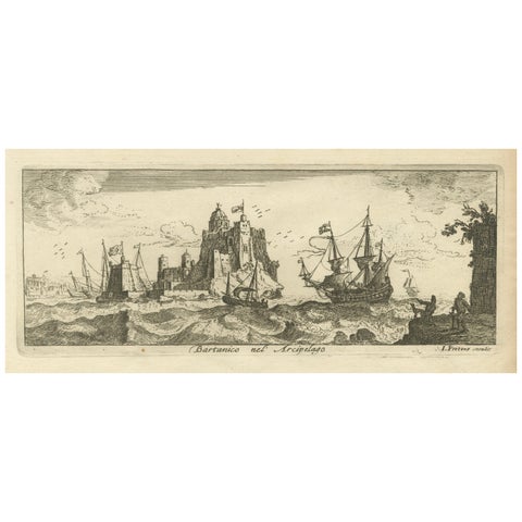 View of Bartanico in the Aegean Archipelago with Fortifications and Ships, 1680