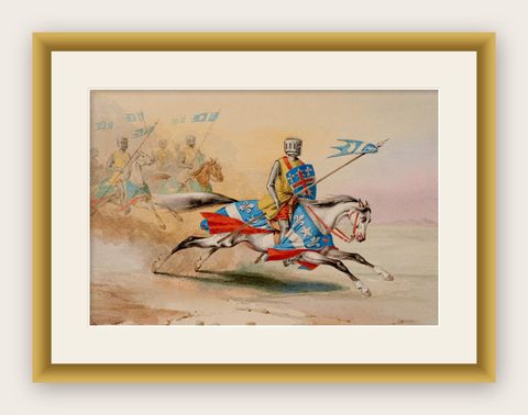 Original 1841 Watercolor of Knight on Horseback by Rémy Eugène Julièn, shown framed