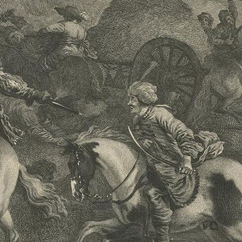 Antique Print of Soldiers Attacking an Ottoman Convoy by Leviez, circa 1778, close-up 2