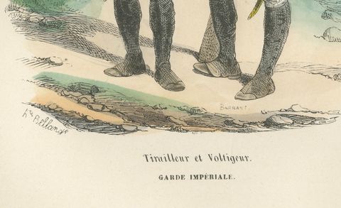 Imperial Guard Tirailleur and Voltigeur, Napoleonic Military Print, c1843, close-up 1