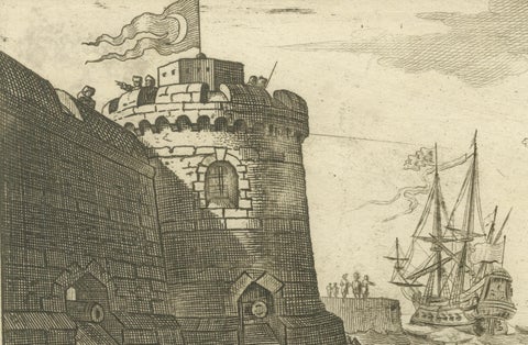 Engraved View of the Dardanelles with Fortifications and Ships, ca. 1680, close-up 2