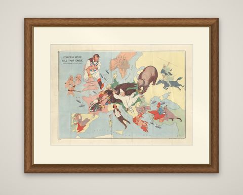 WWI Satirical Cartoon Map: 'Kill That Eagle' by J.H. Amschewitz, 1914, shown framed
