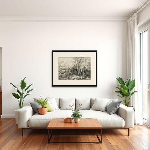 Antique Print of A. Vandermeulen at the Siege of Valenciennes by Madou, 1842, shown framed in a room