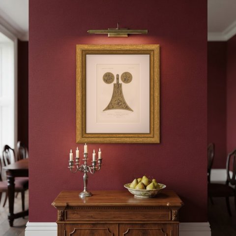 Powder Flask of the Emperor Charles the Fifth, Antique Print, 1851, shown framed on a wall