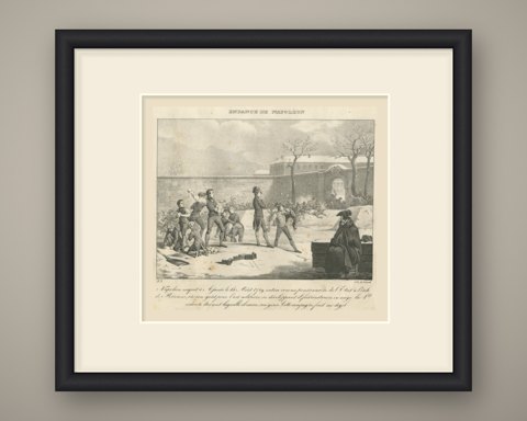Napoleon's Snow Fort at Brienne, Antique Madou Lithograph, 1827, shown framed